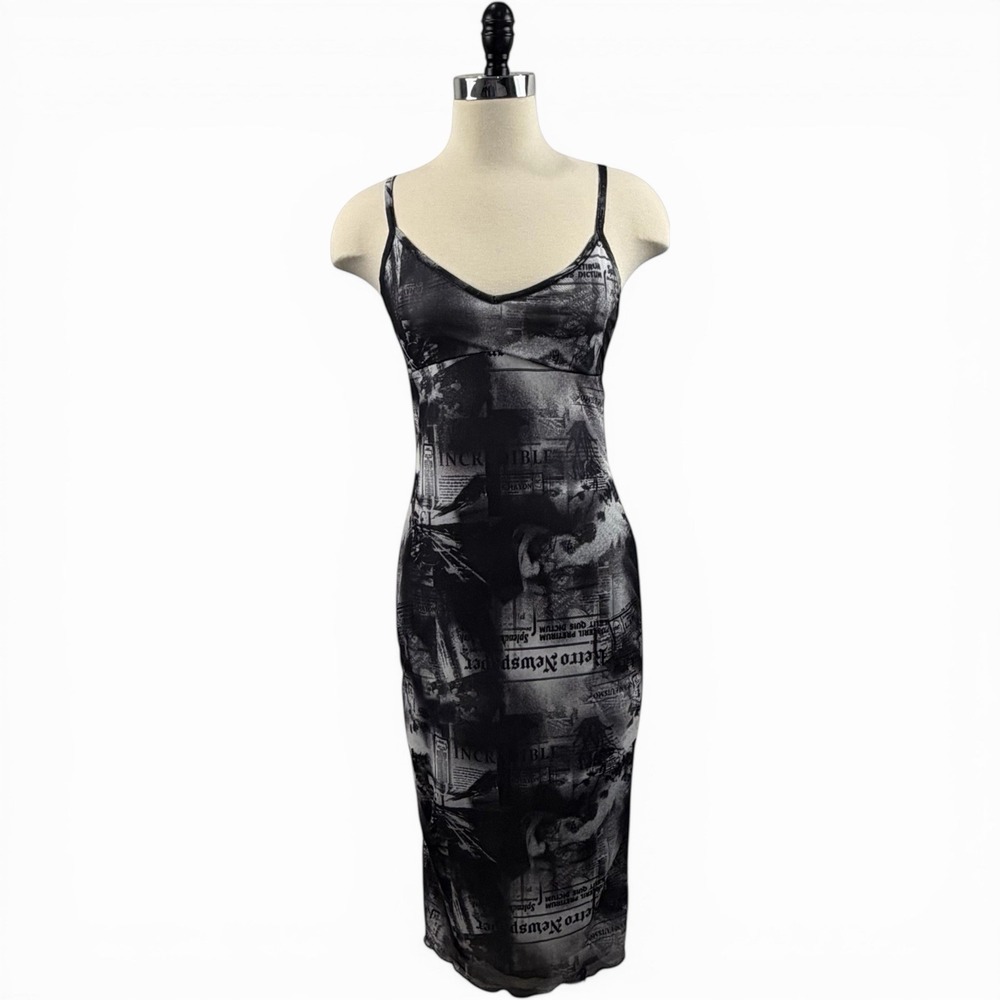 Newspaper Print Mesh Bodycon Y2K Grunge Sheer Slip Dress Goth Size Small NEW